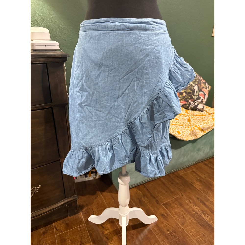 Metrowear Blue Cotton Ruffle Wrap Mini Skirt Light Wash Denim Look‎ Size M